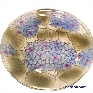Glass Platter Cake Plate Blue Hydrangeas Floral Embossed
